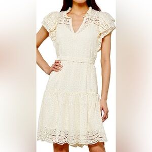 BCBGMAXAZRIA Eyelet Flutter Sleeve Day Dress Cream White M VGUC